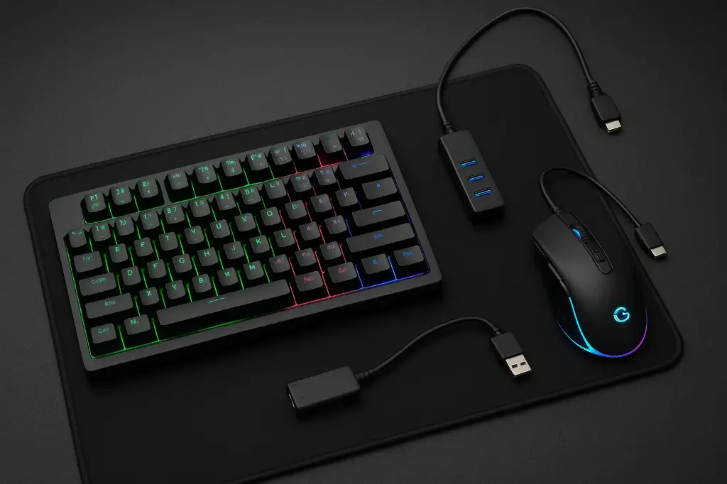5 IN 1 COMBO WITH KEYBOARD , RGB MOUSE , USB HUB , TYPE V8 OTG & MOUSEPAD